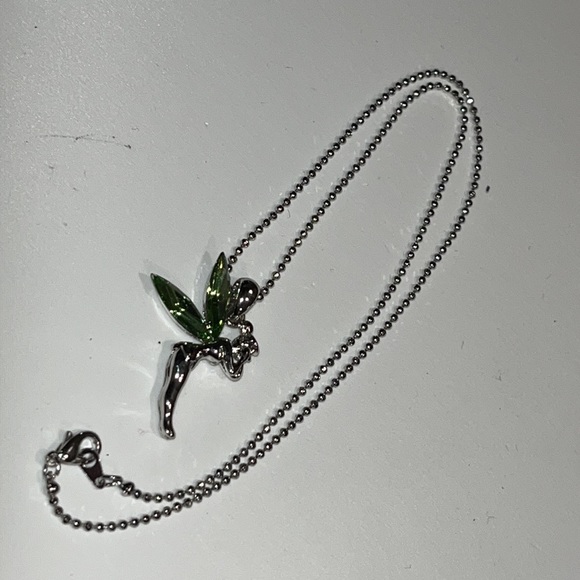 Tinkerbell necklace — charm with green crystal wings on silver tone ball chain - Picture 4 of 10